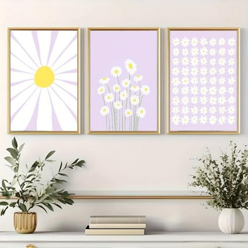 champracer 3er Set Poster Bilder Kinderzimmer Lila Poster & Kunstdrucke Boho Gänseblümchen Wandbilder Bilder Leinwand Mädchen Kinderzimmer Deko, Ohne Rahmen (30 * 40cm) von champracer