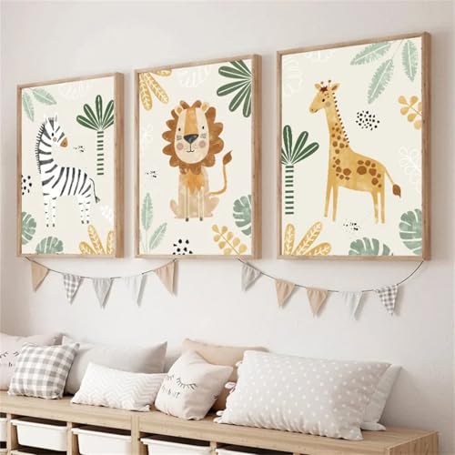 champracer 3er Set Poster Kinderzimmer,Kind Waldtiere Poster Kinder Wandbilder,Deko Babyzimmer Jungen Mädchen,Bilder Kinderzimmer Giraffe Zebra Löwe Bilderwand ohne Rahmen (30 x 40 cm) von champracer