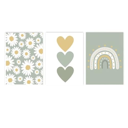champracer 3er Set Poster Kinderzimmer Bilder Kinderzimmer Boho Gänseblümchen Regenbogen Wandbilder Kinderzimmer Deko Ohne Rahmen (30 * 40cm,grün) von champracer