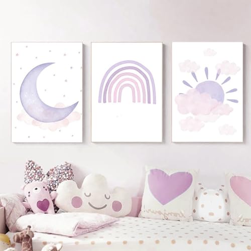 champracer 3er Set Poster Kinderzimmer Deko Bilder Bilder Kinderzimmer Regenbogen Sonne Mond Wandbilder für Jungen Mädchen Wohnzimmer Schlafzimmer Wanddeko Ohne Rahmen (21 * 30cm,lila) von champracer
