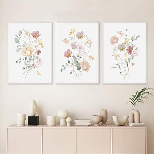 champracer Kinderzimmer Bilder Poster 3er Set, Aesthetic Gouache Blumen Bilder Wandbilder, Aquarell Blumen Leinwand Bilder, Babyzimmer für Jungen Und MäDchen, Ohne Rahmen (50x70 cm) von champracer