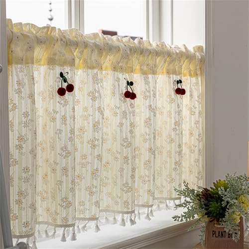 champracer Scheibengardinen Landhausstil Kurzgardinen Beige Häkeloptik Bistrogardine, Boho Vorhänge Fenstervorhang aus Baumwolle mit Quasten Kurzgardinen für Cafe Zimmer (1 Stüick, BxH 140x50 cm) von champracer