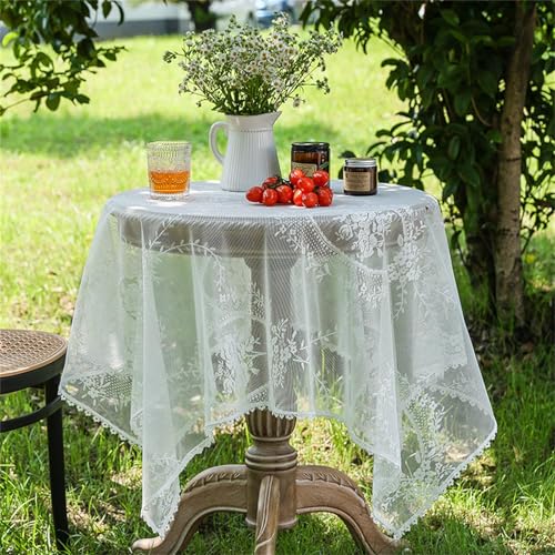 champracer Spitzentischdecke, Boho Vintage Weißer Blumen Stickerei Spitze Tischdecke, Rund Polyester Baumwolle Tischdecke für Garten Balkon Zuhause Hochzeit Festival Dekoration (60x60cm) von champracer