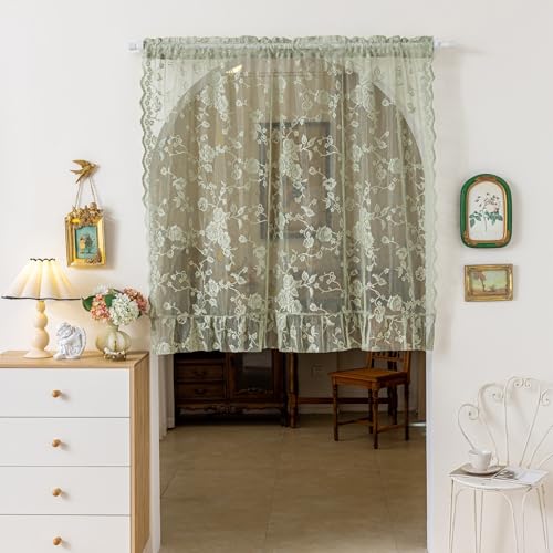 champracer Spitzenvorhänge Voile Vorhang Gardine Transparente Spitze Blumenstickerei Kurzvorhang Kurzgardinen lichtdurchlässige Bistrogardine für Küche & Wohnzimmer (140 * 150cm,Grün) von champracer