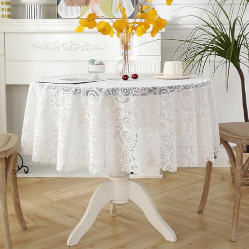 champracer Tischdecke, Spitzentischdecke Abwaschbar Spitze Rund Tischtuch Boho Vintage Weißer Blumenmuster Table Cloth für Garten Balkon Zuhause Hochzeit Festival Dekoration (D,Rund 150cm) von champracer