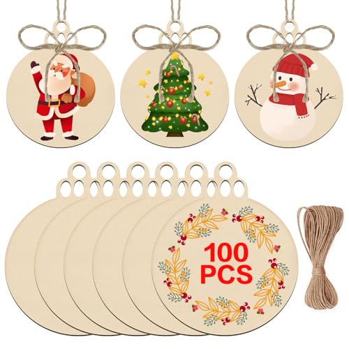 Changshengda 100 Stück Hölzern Weihnachten basteln – DIY Weihnachtsbaumschmuck aus Holz mit 100 Stück Schnüren für Neujahrs-Weihnachtsbaum-Weihnachtsschmuck von changshengda