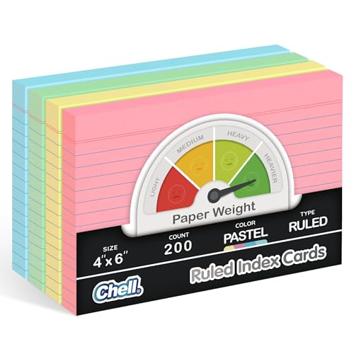 Chell Extra schwere Karteikarten, 10,2 x 15,2 cm, kein Durchlaufen, 200 Stück, linierte Vorderseite und leere Rückseite, 36,3 kg, Deckgewicht, Pastellfarben von chell