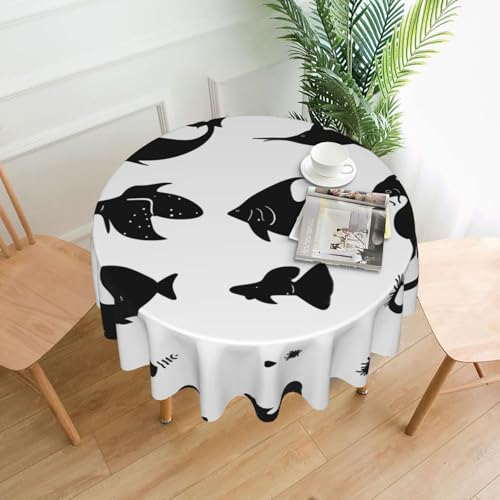 Tischdecke mit Fischmotiv, rund, 152,4 cm, Schwarz und Weiß, für Innen- und Außenbereich, für Küchenpartys Tischdecke mit Fischmotiv, rund, 152,4 cm, Schwarz und Weiß, für Innen- und Außenbereich, für Küchenpartys von chenfandi