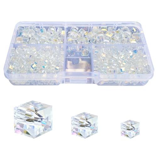 Chengmu Glasperlen in Würfelform für Schmuckherstellung, facettierte, quadratische Kristall-Abstandshalter für Armband, Halskette, Ohrringe (4 mm, 6 mm, 8 mm, verschiedene Größen, 530 Stück) von chengmu