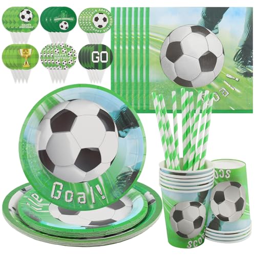 CHENYU 84-teiliges Geburtstags-Dekorationsset mit Fußball-Thema, für 10 Gäste, grünes Fußball-Party-Geschirr, einschließlich Fußball-Dekorationen, Speiseteller, Dessertteller, Becher, Servietten CHENYU 84-teiliges Geburtstags-Dekorationsset mit Fußball-Thema, für 10 Gäste, grünes Fußball-Party-Geschirr, einschließlich Fußball-Dekorationen, Speiseteller, Dessertteller, Becher, Servietten von chenyu
