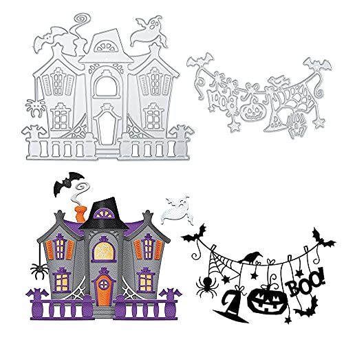 2 Stück Stanzschablone Stanzformen Haus Form Kürbis Spinnennetz Geist Schneiden Prägeschablonen Prägung Schablone Stanzschablonen für Halloween DIY Scrapbooking Papier Karten Kunst Basteln Dekoration von chinping