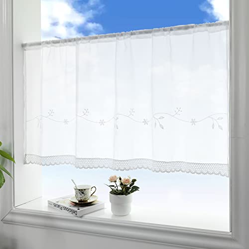 choicehot Voile Spitze Kurzgardine,Halbtransparent Stickerei Kurzstores Gardinen, Scheibengardinen, Bistrogardine, Weiß Küchen Vorhang, Vintage Landhaus Scheibengardine 30×120cm(H×B), 1 Stück von choicehot