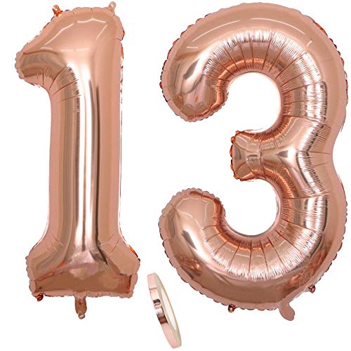 2 Luftballons Zahl 13, Nummer 13 Luftballon Rosegold Mädchen ,40" Aufblasbar Helium Folienballon Roségold Ballons Figuren ,Riesen ballon für Geburtstag Party Dekoration, Abschlussball (xxxl 100cm) von cholinchin