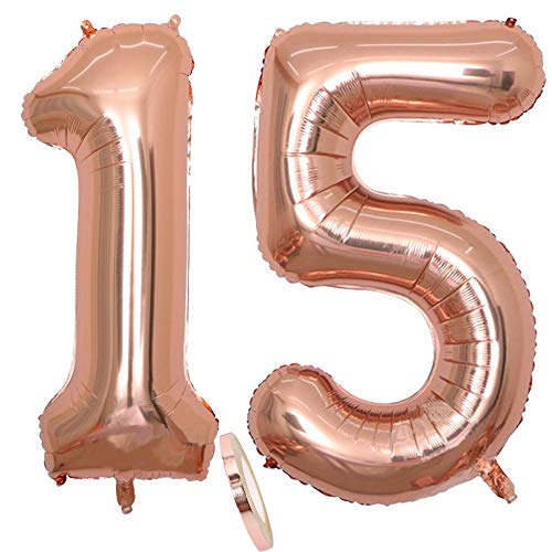 2 Luftballons Zahl 15, Nummer 15 Luftballon Rosegold Mädchen,40" Aufblasbar Helium Folienballon Roségold Ballons Figuren,Riesen ballon für Geburtstag Party Dekoration, Abschlussball (xxxl 100cm) von cholinchin