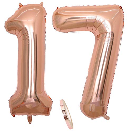 2 Luftballons Zahl 17, Nummer 17 Luftballon Rosegold Mädchen,40" Aufblasbar Helium Folienballon Roségold Ballons Figuren,Riesen ballon für Geburtstag Party Dekoration, Abschlussball (xxxl 100cm) von cholinchin