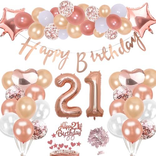 21. Geburtstag Deko Rosegold Set, Helium Herz Zahl Folienballons Happy Birthday Banner Luftballons Konfetti Tisch Ballons Kuchen Tortendeko Geschenk für 21 Jahre Mädchen Frau Frauen Party Dekoration von cholinchin