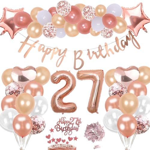 27. Geburtstag Deko Rosegold Set, Helium Herz Zahl Folienballons Happy Birthday Banner Luftballons Konfetti Tisch Ballons Kuchen Tortendeko Geschenk für 27 Jahre Mädchen Frau Frauen Party Dekoration von cholinchin