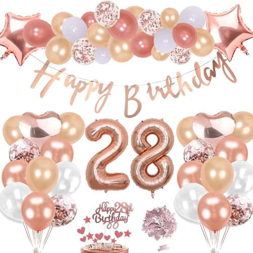 28. Geburtstag Deko Rosegold Set, Helium Herz Zahl Folienballons Happy Birthday Banner Luftballons Konfetti Tisch Ballons Kuchen Tortendeko Geschenk für 28 Jahre Mädchen Frau Frauen Party Dekoration von cholinchin