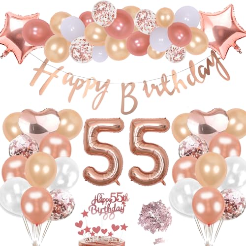 55. Geburtstag Deko Rosegold Set, Helium Herz Zahl Folienballons Happy Birthday Banner Luftballons Konfetti Tisch Ballons Kuchen Tortendeko Geschenk für 55 Jahre Mädchen Frau Frauen Party Dekoration von cholinchin