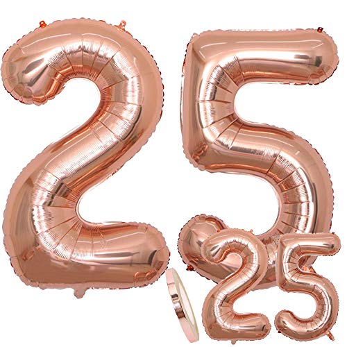 Luftballons Zahl 25 Geburtstag XXL Rose Gold - Riesen Folienballon in 2 Größen 40" & 16" | Set XXL 100cm + Mini 40cm Version Geburtstagsdeko | Insgesamt Vier Zahlen | Ideal zum 25. als Deko von cholinchin