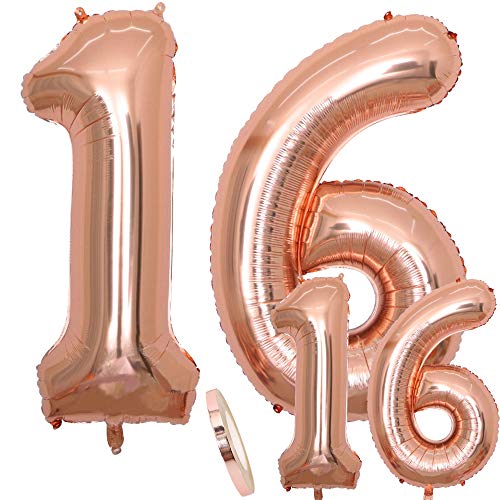 cholinchin Luftballons Zahl 16 Geburtstag XXL Rose Gold - Riesen Folienballon in 2 Größen 40" & 16"| Set 100cm+Mini 40cm Version Geburtstagsdeko | Insgesamt Vier Zahlen | Ideal zum 16. als Deko von cholinchin