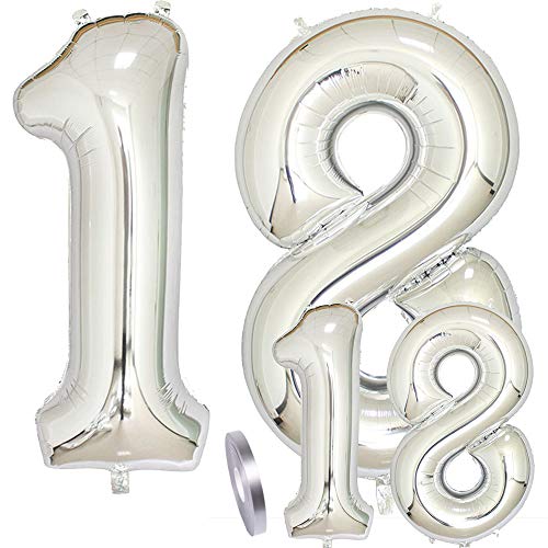 Luftballons Zahl 18 Geburtstag XXL Silber - Riesen Folienballon in 2 Größen 40" & 16" | Set XXL 100cm + Mini 40cm Version Geburtstagsdeko | Vier Zahlen | Ideal zum 18. als Deko von cholinchin