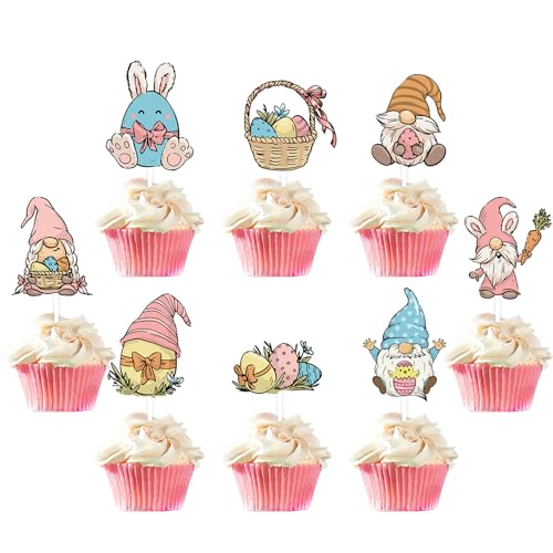 Oster-Kuchendekorationsset, 12 Stück, Charm-Hasenzwerge, Oster-Cupcake-Topper, Cupcake-Aufsätze, festliche Dessert-Dekoration von churuso