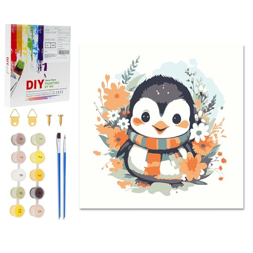 chuupa Malen Nach Zahlen ab 7 8 9 10 Jahre Mädchen und Junge, Malen Nach Zahlen für Kinder mit Kiefernrahmen 2 Pinsel und Acrylfarben, 20 X 20cm(Pinguin) von chuupa