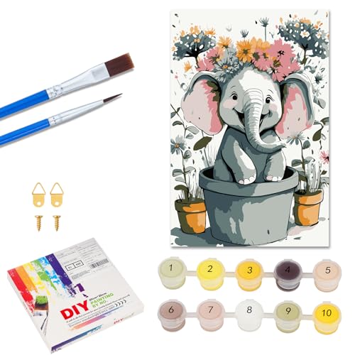 chuupa Malen Nach Zahlen ab 7 8 9 10 Jahre Mädchen und Junge, Malen Nach Zahlen für Kinder mit Kiefernrahmen 2 Pinsel und Acrylfarben, 20 X 30cm(Lächelnder Elefant) von chuupa