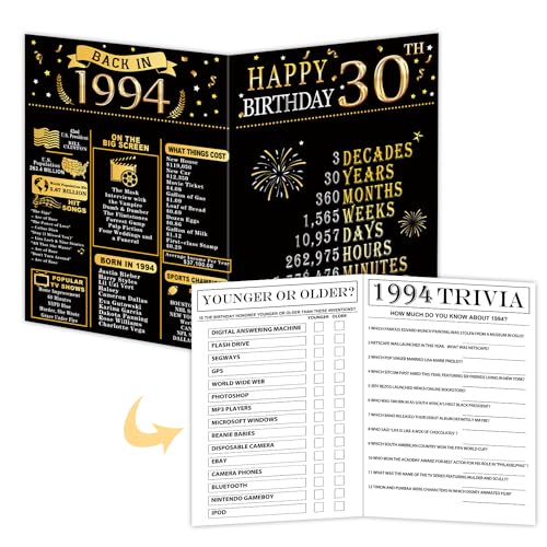 cidobi Geburtstagsparty-Karte mit schwarz-goldenem Einband, 30. Geburtstag, Spielkarten für Sie oder Ihn, 1994 Geburtstagsgeschenkidee für Partyzubehör, einzigartige Spielkarten zum 30. Jahrestag für von cidobi