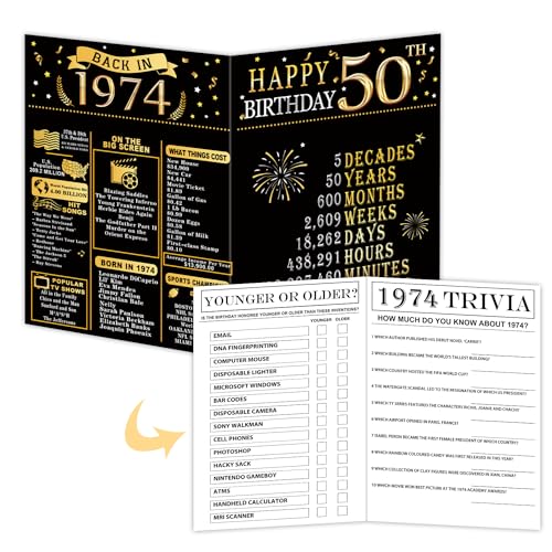 cidobi Spielkarten zum 50. Geburtstag, 1974 mit schwarz-goldenem Einband, Jubiläums-Party-Spielkarten für Mama, Papa, faltbare Geburtstagskarte, Papier, geeignet für Geburtstagsparty, SH023 von cidobi
