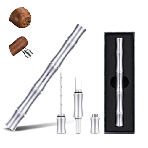Cigarmoon Zigarrenstanzwerkzeug 3-in-1 mit Zigarrenlochöffner (0,8 cm), Edelstahl-Zigarren-Ziehverstärker und Doppelnoppen, Zigarrenwerkzeuge und Zubehör mit Geschenkbox für Männer (Silber) von cigarmoon