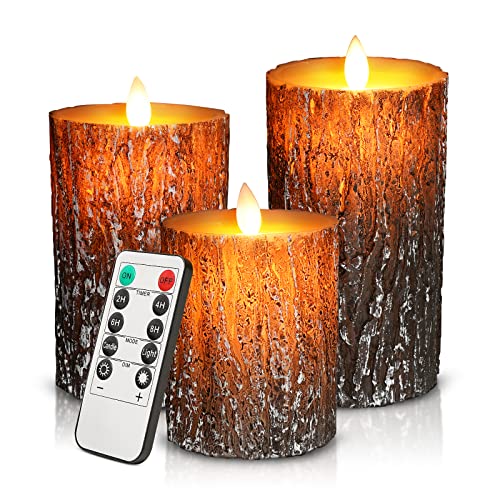 cimetech Flammenlose 3 LED Kerzen Pine Bark Cover Säule Birkeneffekt Echtwachs Flackernde Batteriebetriebene LED-Kerzen 3er Set Flackernd Fernbedienung Led Deko Kerzen von cimetech