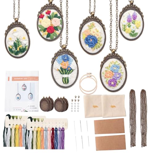 cimsfcor Stickerei-Anhänger-Kit, Mini-Blumenmuster, bestickter Anhänger mit Reifen, Halskette, Kette, Stickgarn, Nadel, gestempeltes Mustertuch, Anleitung für DIY Kunst Handwerk (6 Packungen) von cimsfcor