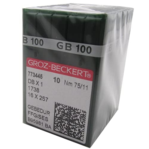 Groz-Beckert Nadel in transparenter Kunststoffbox, 100 Groz-Beckert DBX1 16X257 1738 Gebedur Titan-Nähmaschinennadeln (11/75) von ckpsms