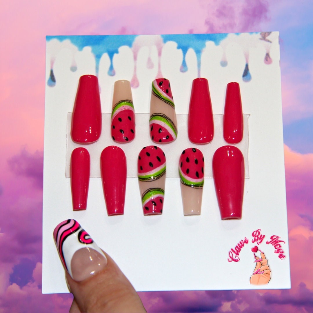 Wassermelone Press Ons | Fruchtige Nägel Pinke Urlaubspresse Auf Den Nägeln| Clawsbymags von clawsbymags