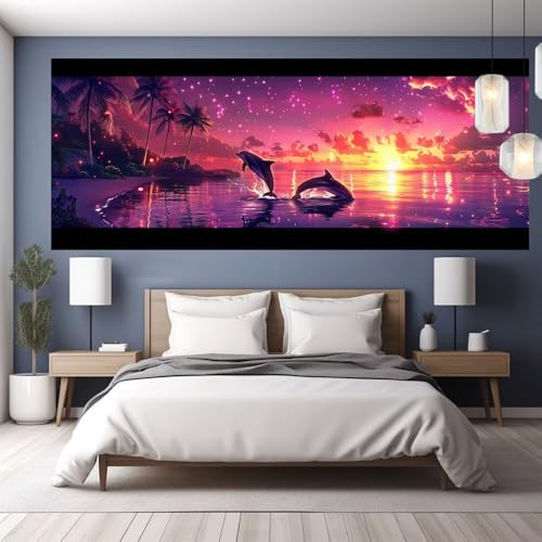 Diamond Painting Erwachsene Groß XXL 150x65cm Diamond Painting Sonnenuntergang, 5D DIY Malen Nach Zahlen Erwachsene Delfin, Full Drill Cross Stickerei Bilder Malerei Basteln Kits, Zimmer Deko Y1130 von clldy
