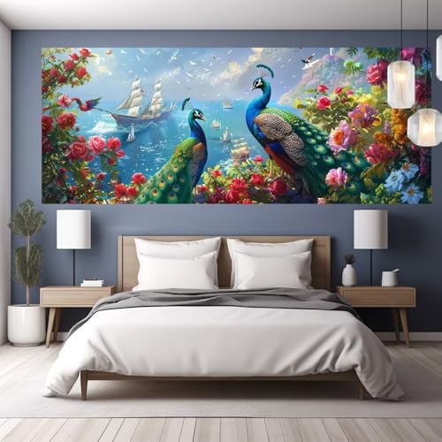 Diamond Painting Erwachsene Groß XXL 70x30cm Diamond Painting Pfau, 5D DIY Malen Nach Zahlen Erwachsene Blume, Full Drill Cross Stickerei Bilder Malerei Basteln Kits, Wand Wohnzimmer Zimmer Deko Y1040 von clldy