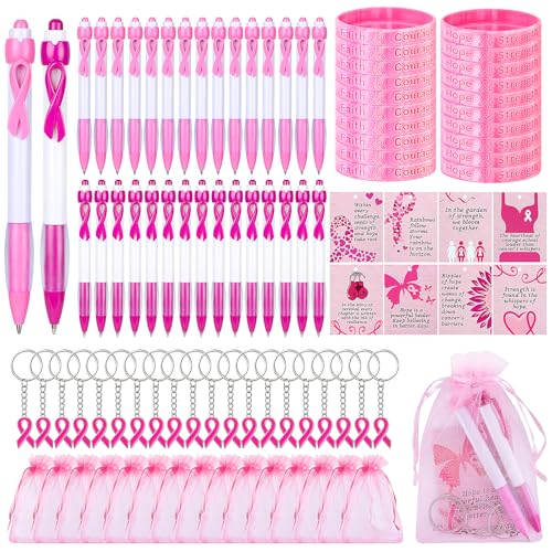 clothmile 160 Stück Brustkrebs-Bewusstseinsgeschenke enthalten 30 rosa Schleife, einziehbare Stifte, 30 rosa Silikon-Armbänder, 30 Bänder Schlüsselanhänger, 40 Krebs-Bewusstseinskarten für Mädchen von clothmile