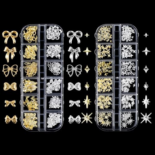 cobee 2 Boxen Mischen Nail Charms, Metall Gold Silber Nagel Edelsteine Deko Stern Schleifen 3D Nail Dekorationen für Nageldesign Zubehör von Cobee