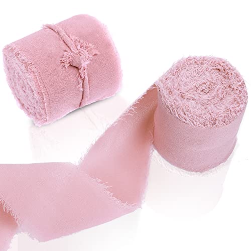 cobee Chiffon Bänder, 2 Rollen, 3,8 cm x 5,5 m, handgefertigt Fransen Chiffon Seidenbänder ausgefranste Kanten Stoff Boho Band für Geschenkverpackung Hochzeitseinladungen Blumenarrangement(Rosa) von Cobee