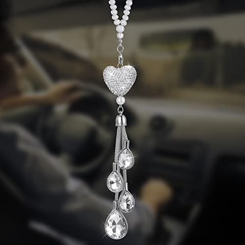 cobee Herz Diamant Auto hängende Bling Zubehör, Kristall Auto Rückspiegel Charms Auto Dekoration Lucky Decor Auto Innen Hängende Anhänger Charm Ornament Anhänger für Frauen (Weiß) von Cobee