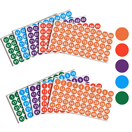 Cobee Nummernetiketten, 2,5 cm, 1-100, Selbstklebend, Rund, Vinyl - Inventaretiketten für Schule und Büro (10 Blatt, 5 Farben) von Cobee