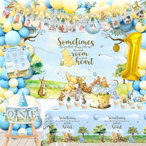 cocomigo 107pcs Classic Winnie Birthday Decorations Complete Party Set, for Classic Winnie Boy 1st Birthday Party, Includes Photo Frame Banner, Balloon Chain Kit, Cake Toppers Kit, Table Cloth, etc von cocomigo