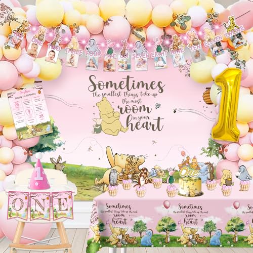 cocomigo 107pcs Classic Winnie Birthday Decorations Complete Party Set, for Classic Winnie Girl 1st Birthday Party, Includes Photo Frame Banner, Balloon Chain Kit, Cake Toppers Kit, Table Cloth, etc von cocomigo