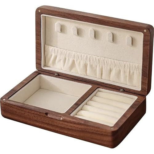 Cocoontail Schmuckschatulle aus schwarzer Nussbaum mit Magnetverschluss – Vintage Holzorganisator für Halsketten, Ohrringe und Armbänder, kompakter Koffer (beige Futter) von cocoontail