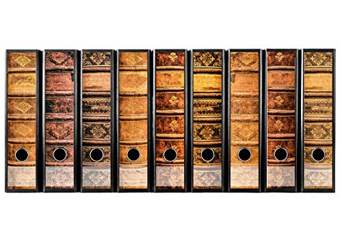 codiarts. Ordnerrücken selbstklebend | Etiketten Set für 9 breite Ordner | gestantzt mit Griffloch | Rückenschild breit | Vintage Motiv alte Bücher von codiarts.