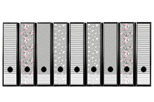 codiarts. Ordnerrücken selbstklebend | Etiketten Set für 9 breite Ordner | gestantzt mit Griffloch | Rückenschild breit | floraler Mix - grau von codiarts.