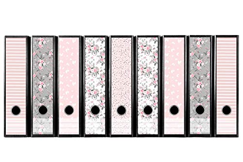 codiarts. Ordnerrücken selbstklebend | Etiketten Set für 9 breite Ordner | gestantzt mit Griffloch | Rückenschild breit | floraler Mix - rosa von codiarts.