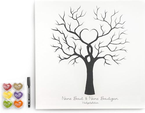 codiarts. personalisierte Leinwand für Fingerabdrücke | Party | Hochzeit | Jubiläum | Geburtstag | als Gästebuch mit Stempelkissen und Stift (Baum, 50 x 50 cm, Bespannte Leinwand) von codiarts.
